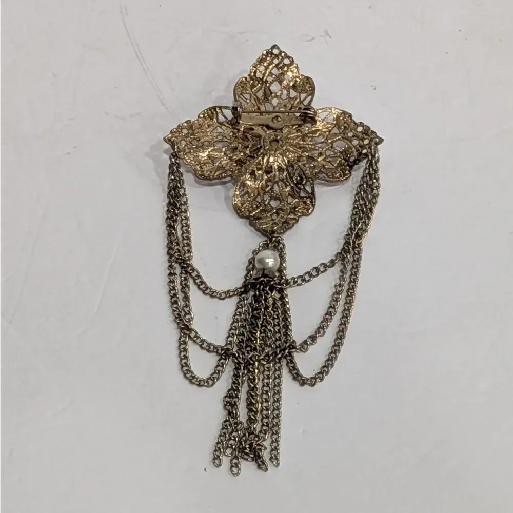 Vintage Victorian Revival Maltese Cross Brooch Gold Tone Filigree Black Cabochon